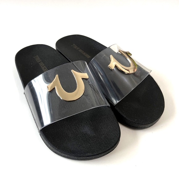 NWOB True Religion Elle Clear Slide Sandals Black Gold Logo - Picture 4 of 8